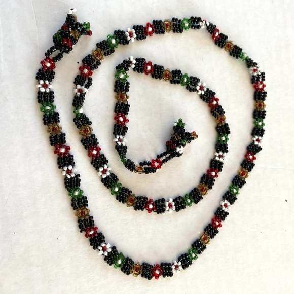 Hungarian Skinny Beaded Scarf Necklace with Black, Green, Red, White Bead Detail - Picture 12 of 12